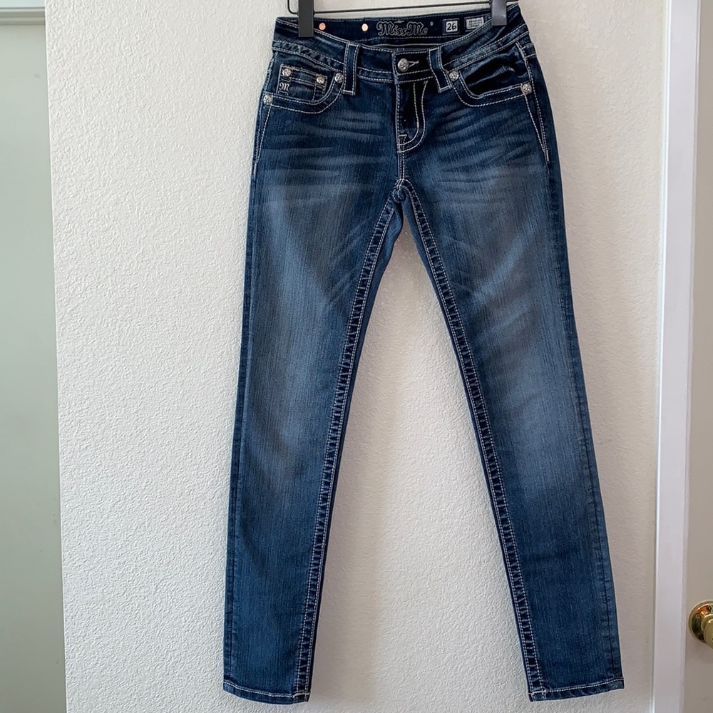 Miss Me Skinny Jeans Dark Wash Distressed Y2K Embellished Denim Slim Fit Size 26